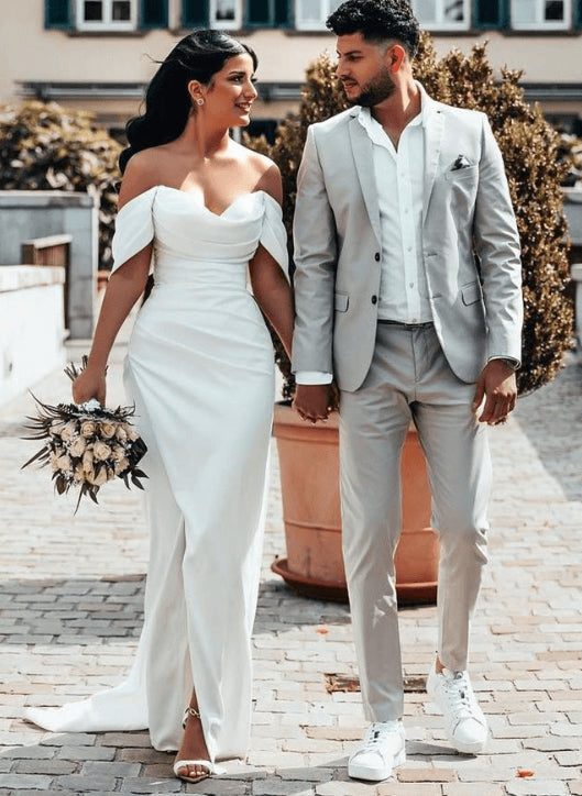 Off-The-Shoulder Sheath Fitted Slit Wedding Dresses Satin