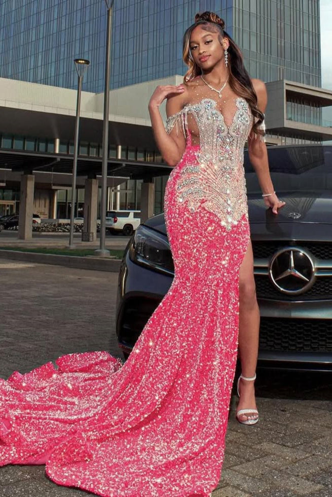 Off-the-Shoulder Silver Beaded Pink Mermaid Court Train Prom Dresses