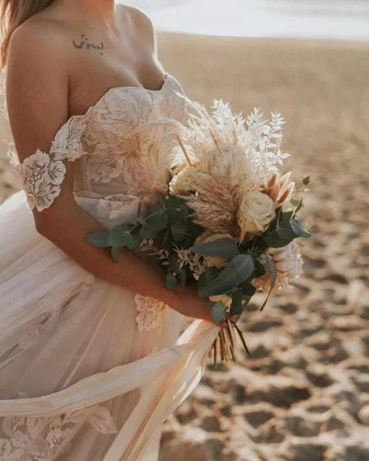 Off-the-Shoulder Simple Wedding Dress Tulle Lace Aline Beach Wedding Dress (ZD14756)