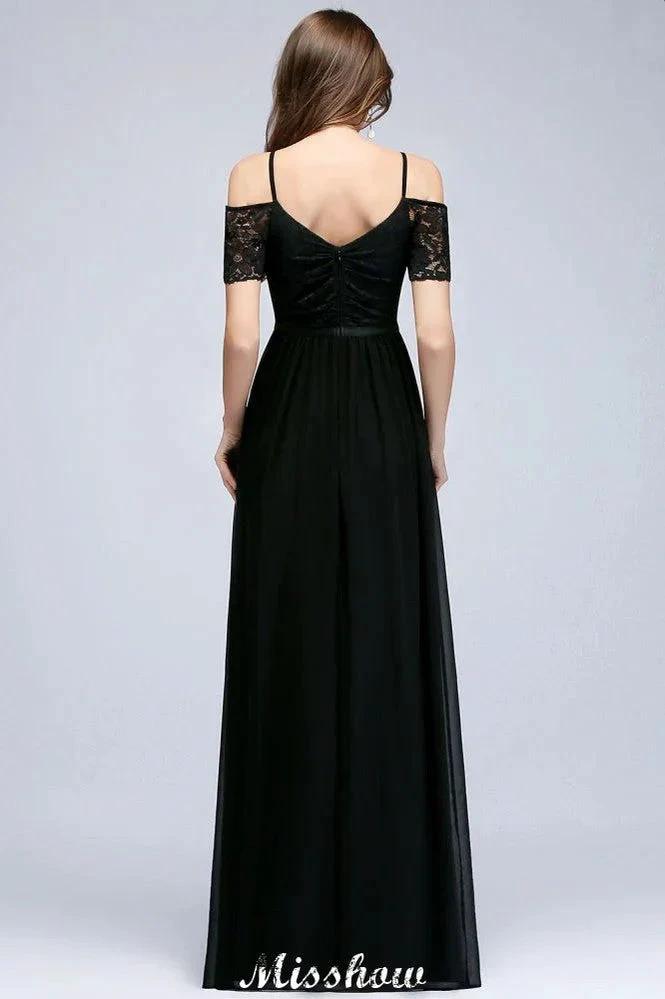 Off-the-shoulder Sleeveless Floor-Length A-line Bridesmaid Dresses Chiffon Lace V-Neck Prom Dress (ZD12920)