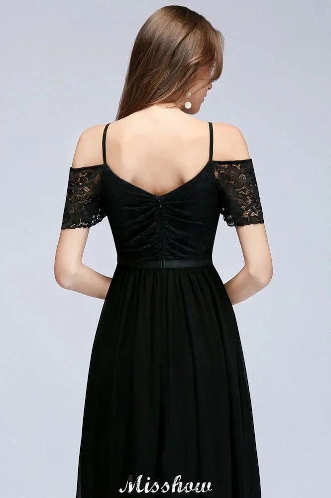 Off-the-shoulder Sleeveless Floor-Length A-line Bridesmaid Dresses Chiffon Lace V-Neck Prom Dress (ZD12920)