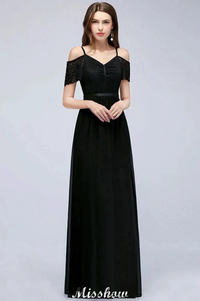 Off-the-shoulder Sleeveless Floor-Length A-line Bridesmaid Dresses Chiffon Lace V-Neck Prom Dress (ZD12920)
