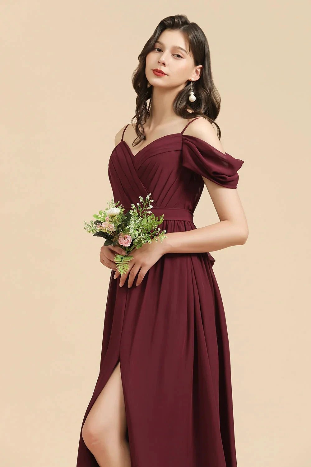 Off-the-Shoulder Sweetheart Burgundy Long Bridesmaid Dress With Slit (ZD12872)