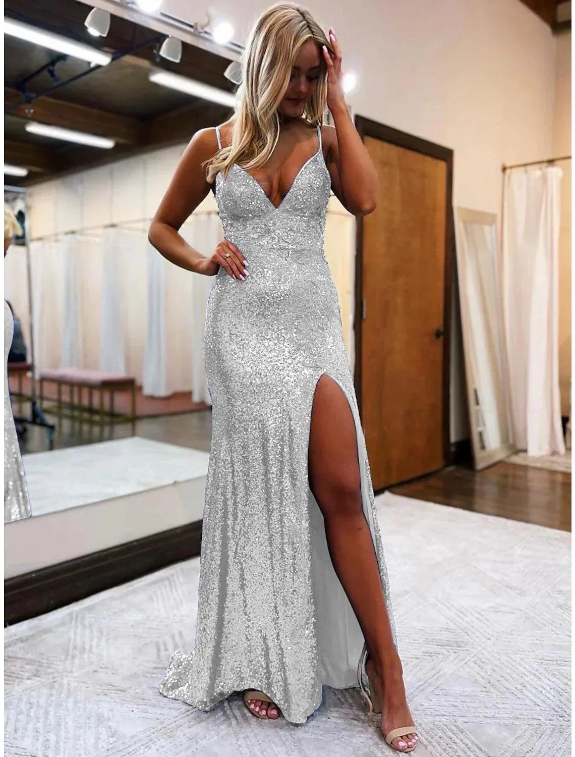 Mermaid Trumpet Prom Dresses Sparkle Shine Dress Formal Wedding Party Sweep Brush Train Sleeveless V Neck Sequined Backless with Glitter Sequin - View 4 | VelvetHem