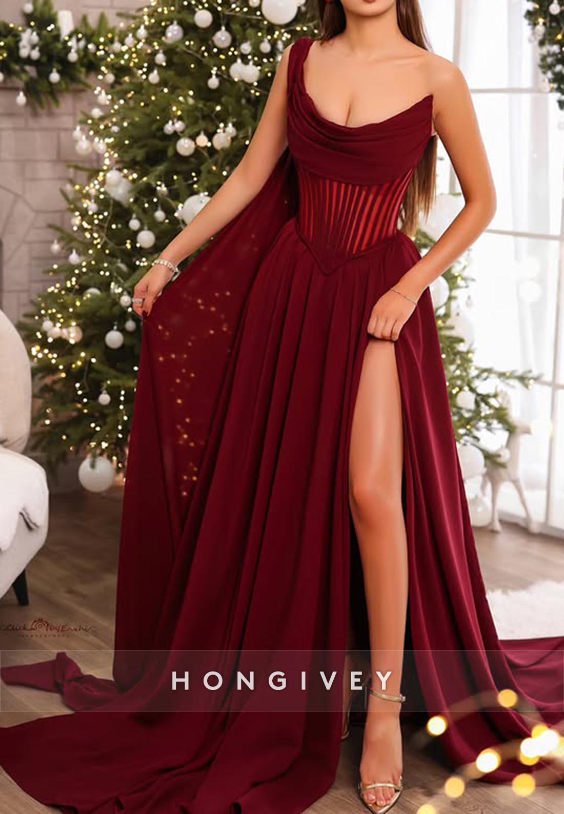 One Shoulder High Slit Couture Long Evening Prom Dresses2025