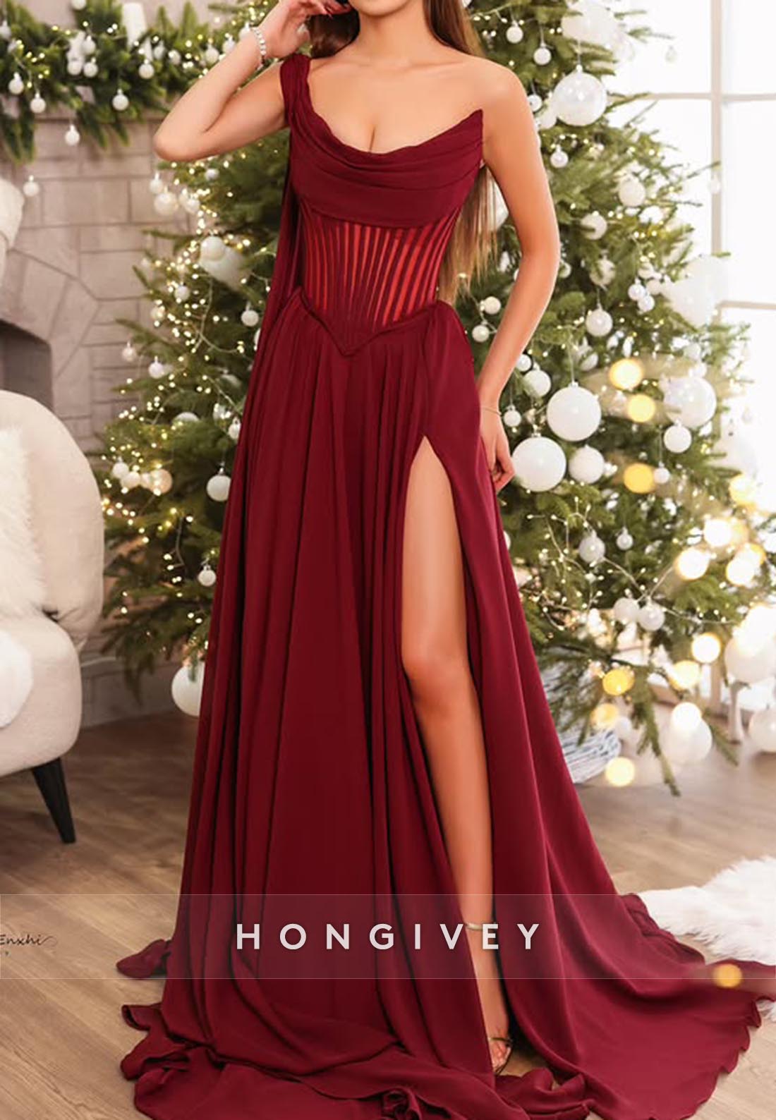 One Shoulder High Slit Couture Long Evening Prom Dresses2025