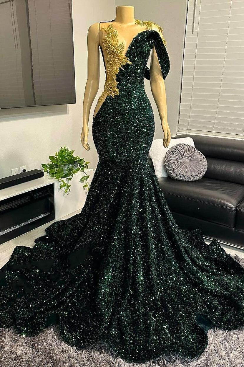 One shoudler Dark Green Sequin Floor-Length Prom Dresses