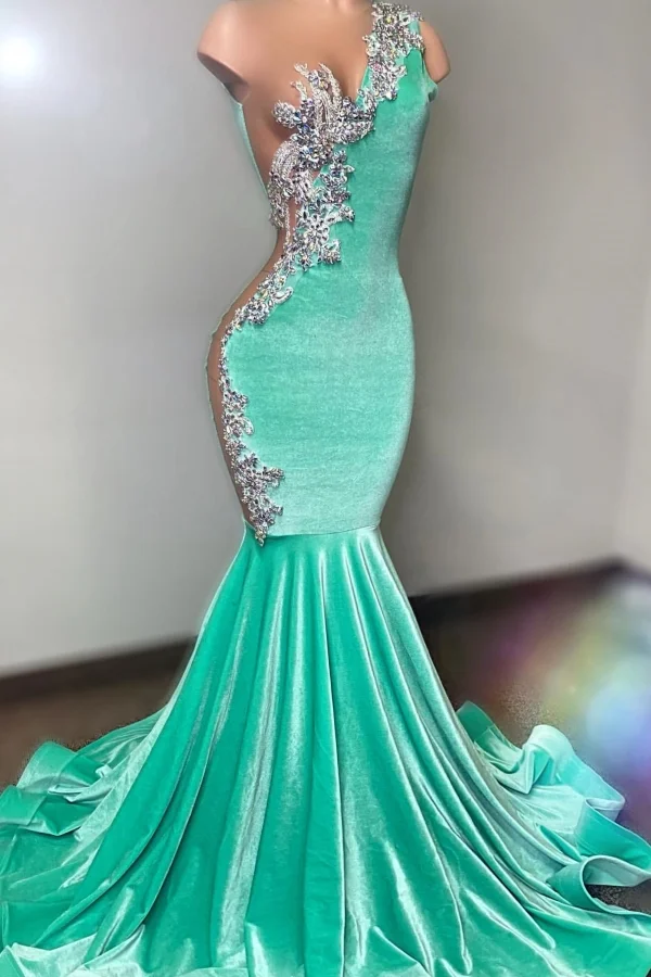 One shoudler Mint Green Silver Velvet Floor-Length Prom Dresses