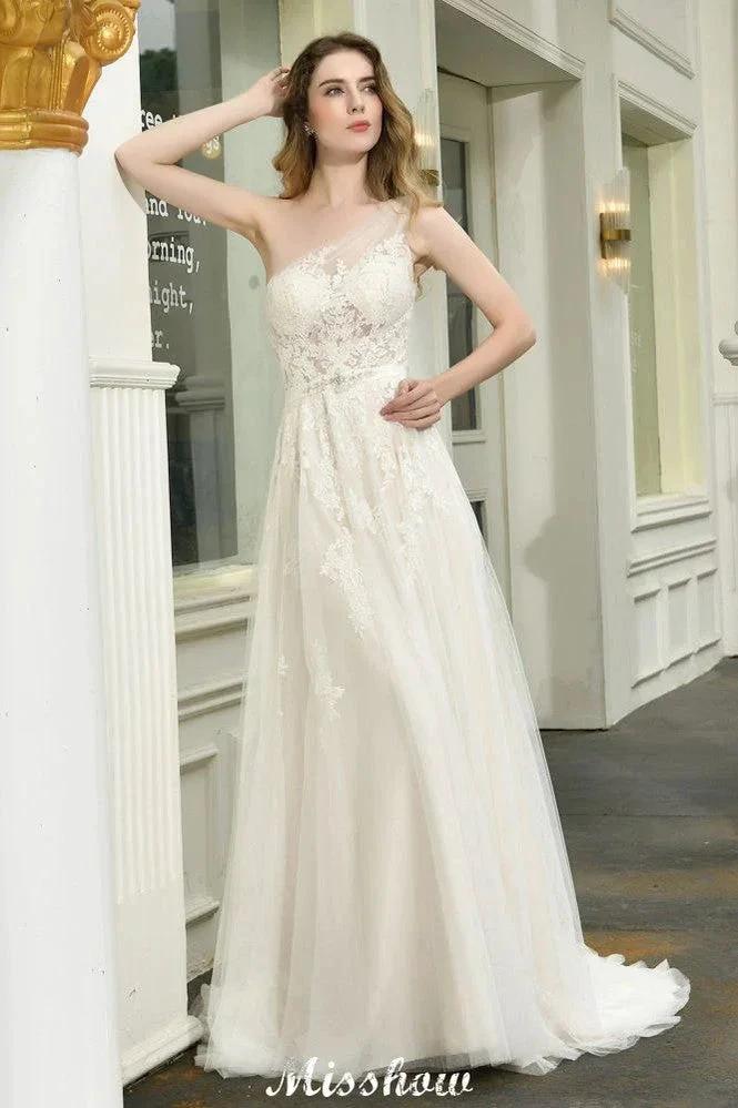 One Shoulder Aline Tulle Wedding Dress Sleeveless Spring Beach Bridal Gown (ZD13967)