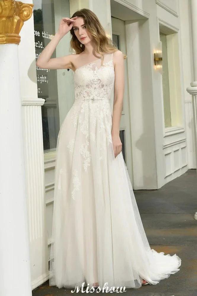 One Shoulder Aline Tulle Wedding Dress Sleeveless Spring Beach Bridal Gown (ZD13967)