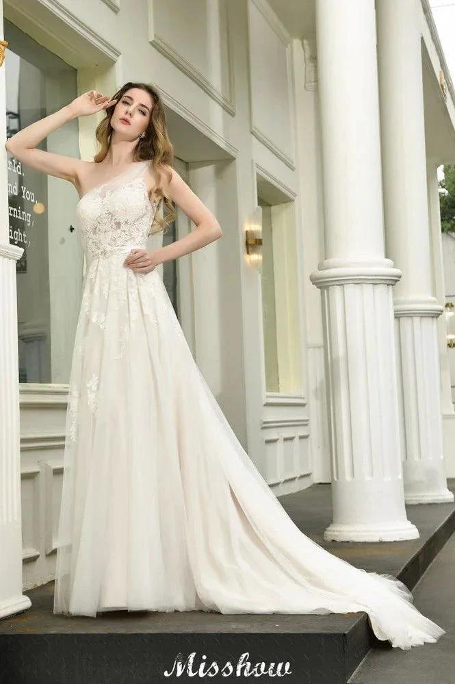 One Shoulder Aline Tulle Wedding Dress Sleeveless Spring Beach Bridal Gown (ZD13967)