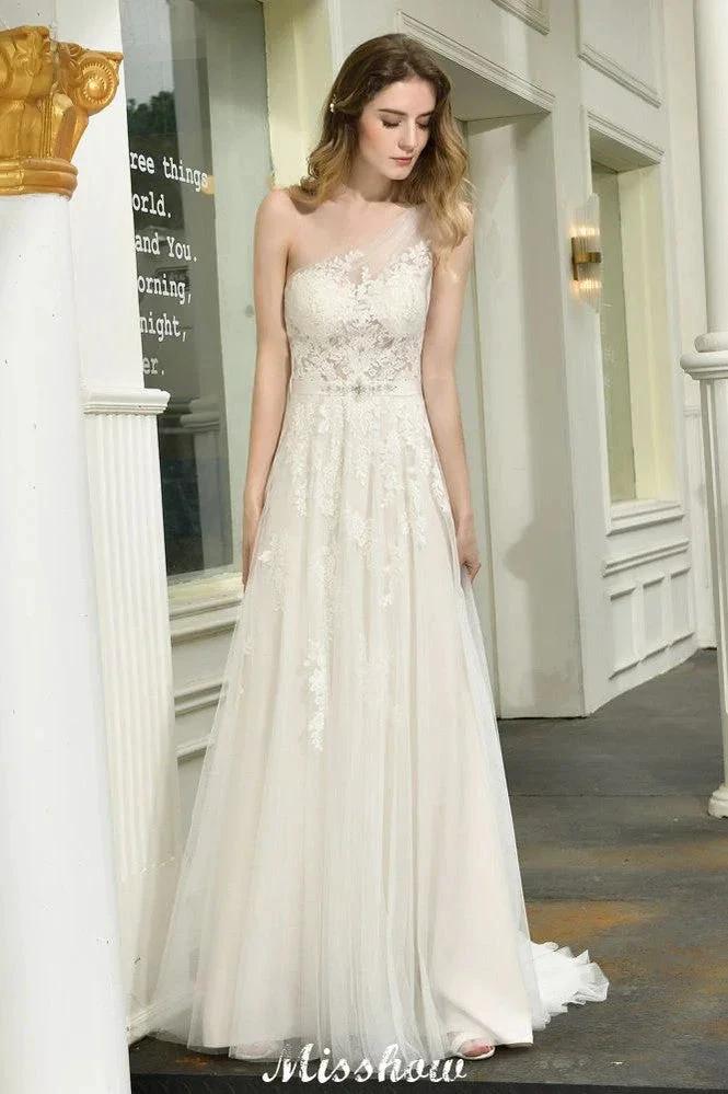 One Shoulder Aline Tulle Wedding Dress Sleeveless Spring Beach Bridal Gown (ZD13967)