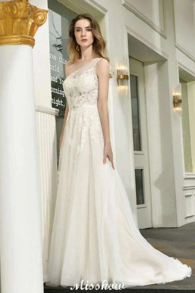 One Shoulder Aline Tulle Wedding Dress Sleeveless Spring Beach Bridal Gown (ZD13967)
