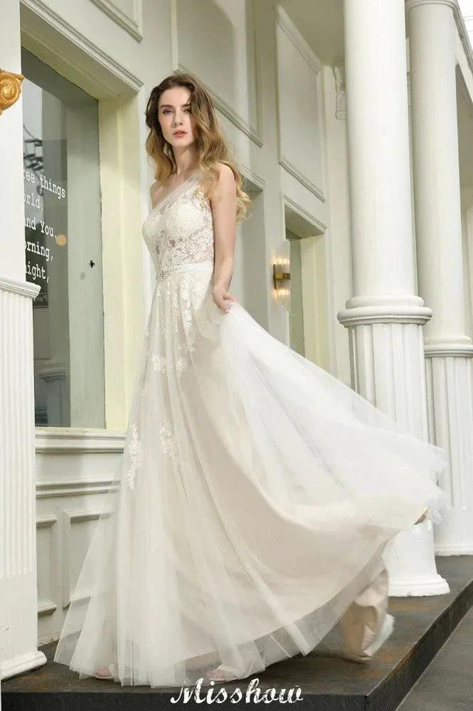 One Shoulder Aline Tulle Wedding Dress Sleeveless Spring Beach Bridal Gown (ZD13967)