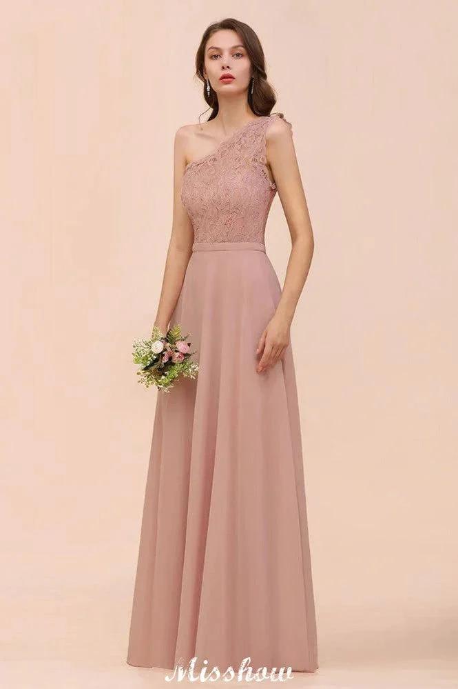 One Shoulder Chiffon Bridesmaid Dress Dusty Pink Wedding Guest Dress for Bride (ZD12946)