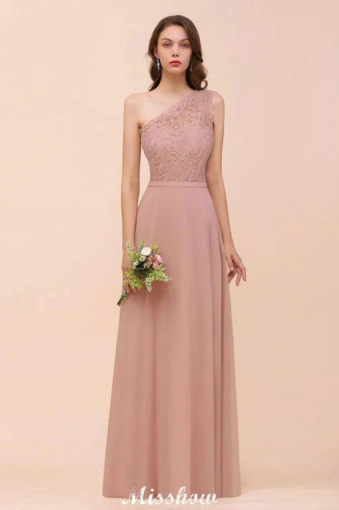 One Shoulder Chiffon Bridesmaid Dress Dusty Pink Wedding Guest Dress for Bride (ZD12946) - View 4 | VelvetHem