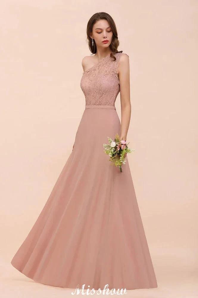 One Shoulder Chiffon Bridesmaid Dress Dusty Pink Wedding Guest Dress for Bride (ZD12946)