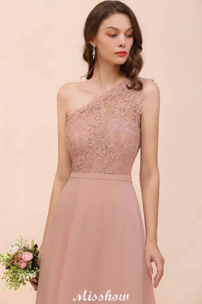 One Shoulder Chiffon Bridesmaid Dress Dusty Pink Wedding Guest Dress for Bride (ZD12946)