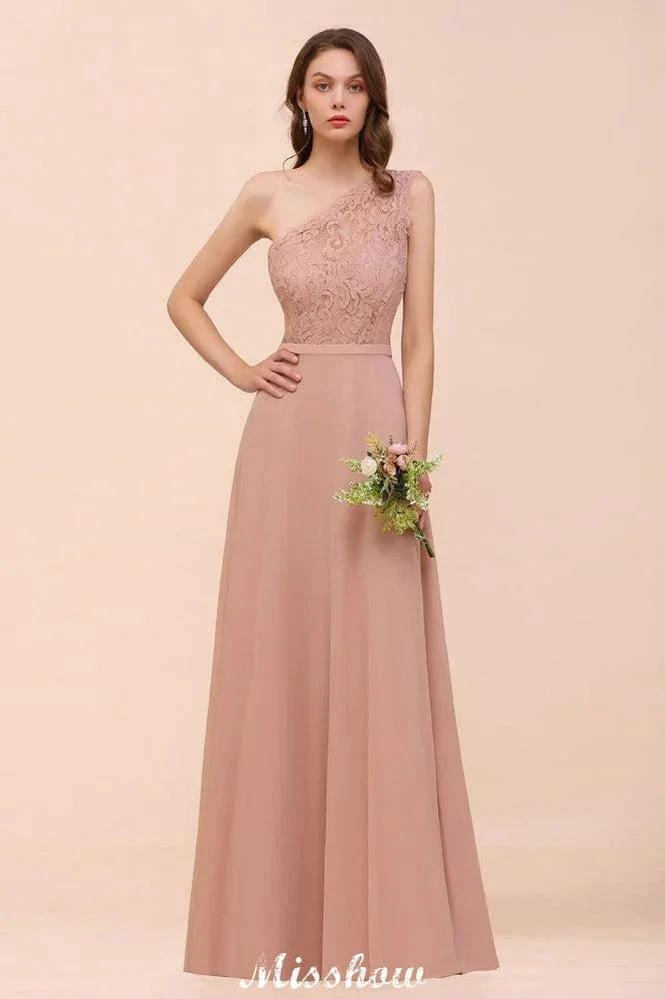 One Shoulder Chiffon Bridesmaid Dress Dusty Pink Wedding Guest Dress for Bride by misshow.com