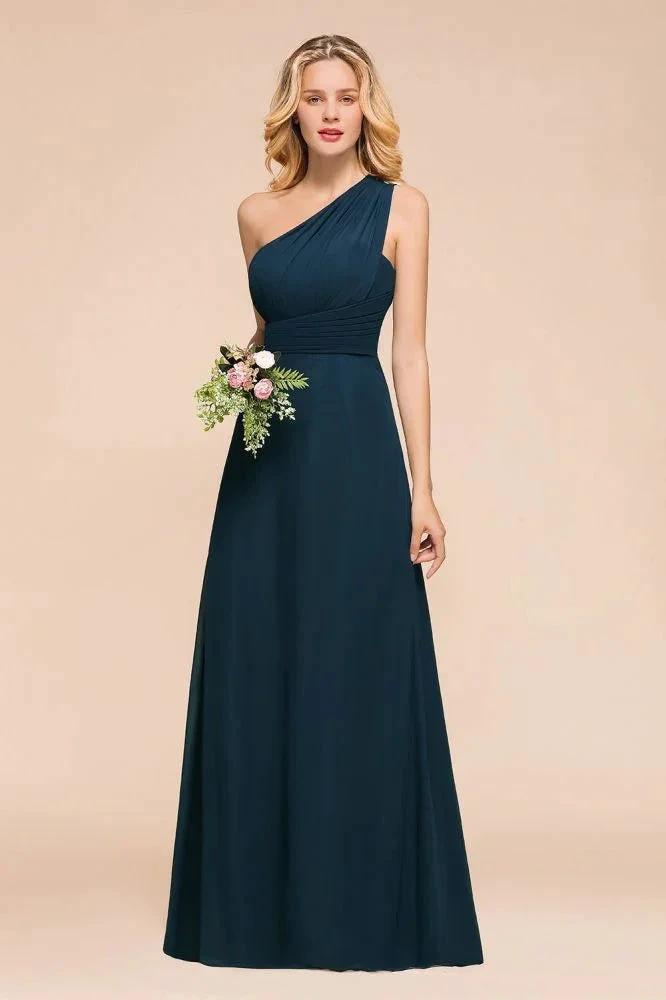 One Shoulder Floor-Length Bridesmaid Dress A-line Chiffon Wedding Party Dresses (ZD12958)