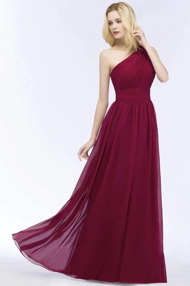 One-shoulder Floor Length Burgundy Ruffled Chiffon A-line Bridesmaid Dresses (ZD13036)