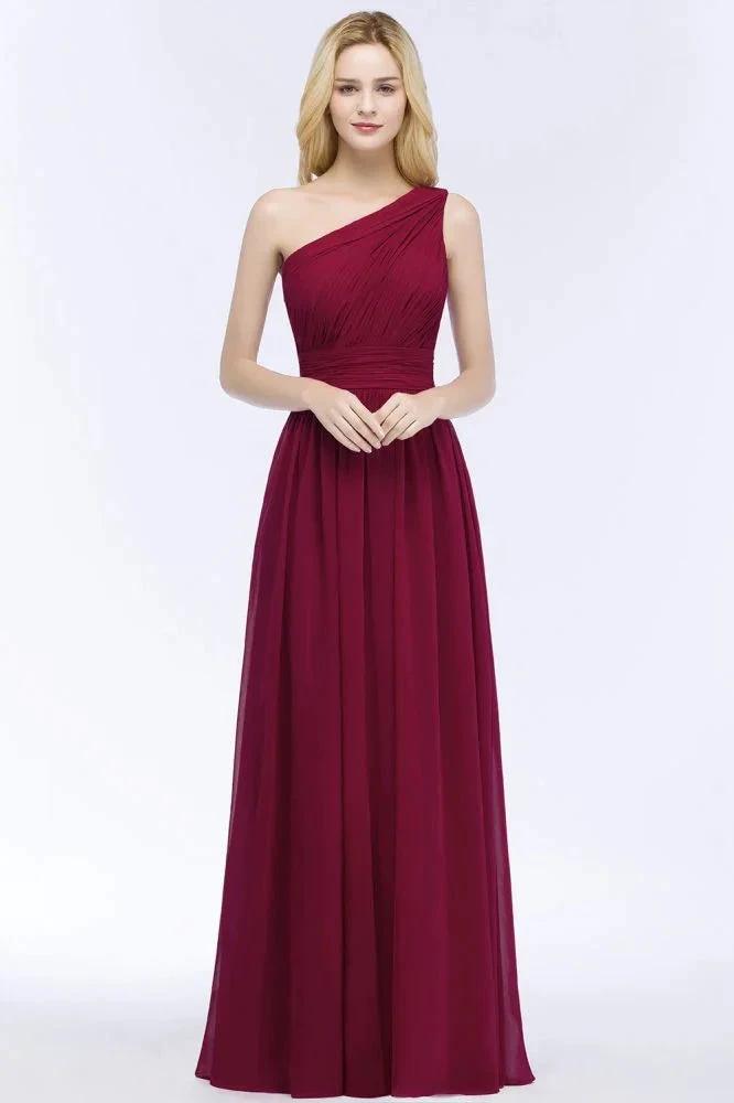 One-shoulder Floor Length Burgundy Ruffled Chiffon A-line Bridesmaid Dresses by misshow.com