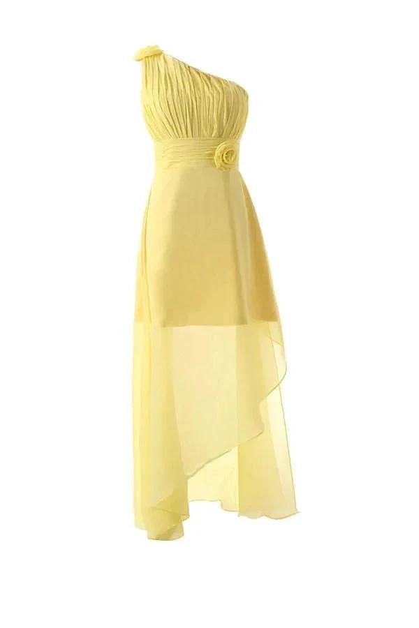 One Shoulder Floor Length Chiffon Yellow Bridesmaid Dress With Flower (ZD13194)