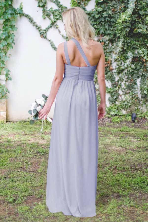 One-Shoulder Floor-Length Open Back Gray Chiffon Bridesmaid Dress (ZD13215)