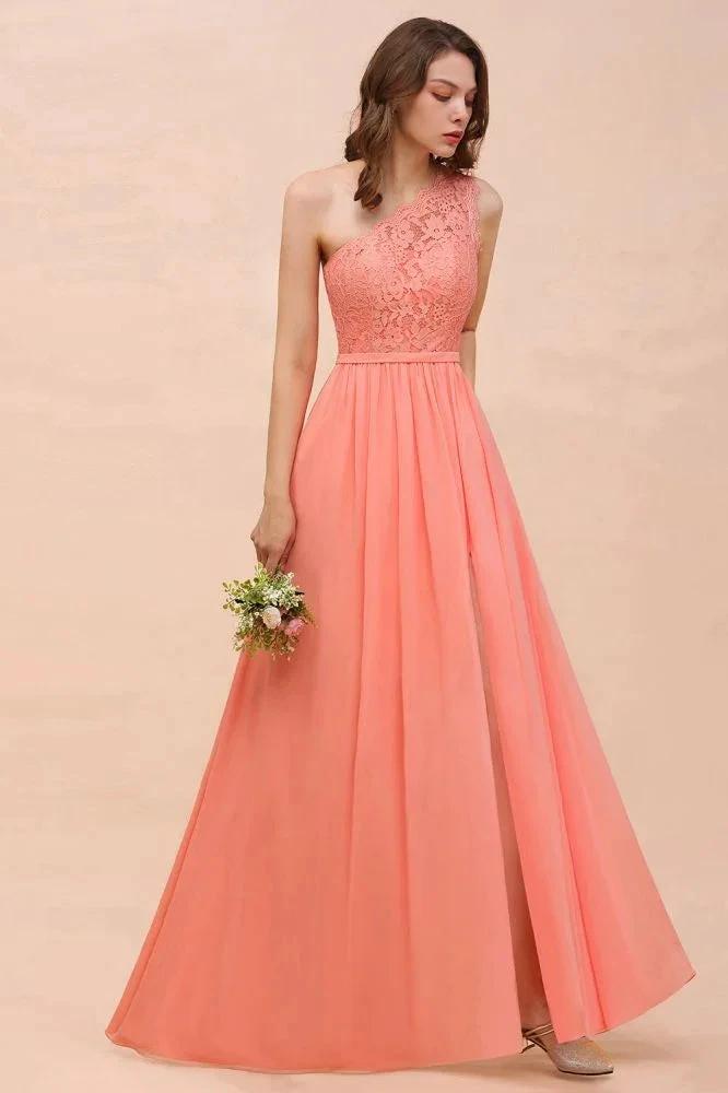 One Shoulder Floral Bridesmaid Dress Side Split Formal Wedding Guest Dress with Pocket (ZD12998)