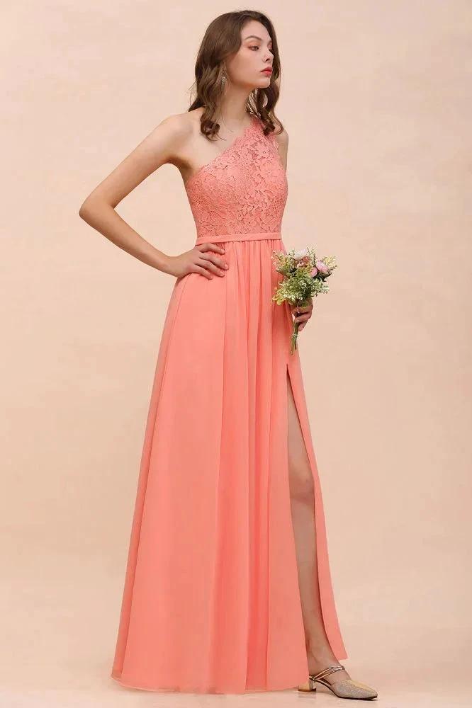 One Shoulder Floral Bridesmaid Dress Side Split Formal Wedding Guest Dress with Pocket (ZD12998) - View 4 | VelvetHem