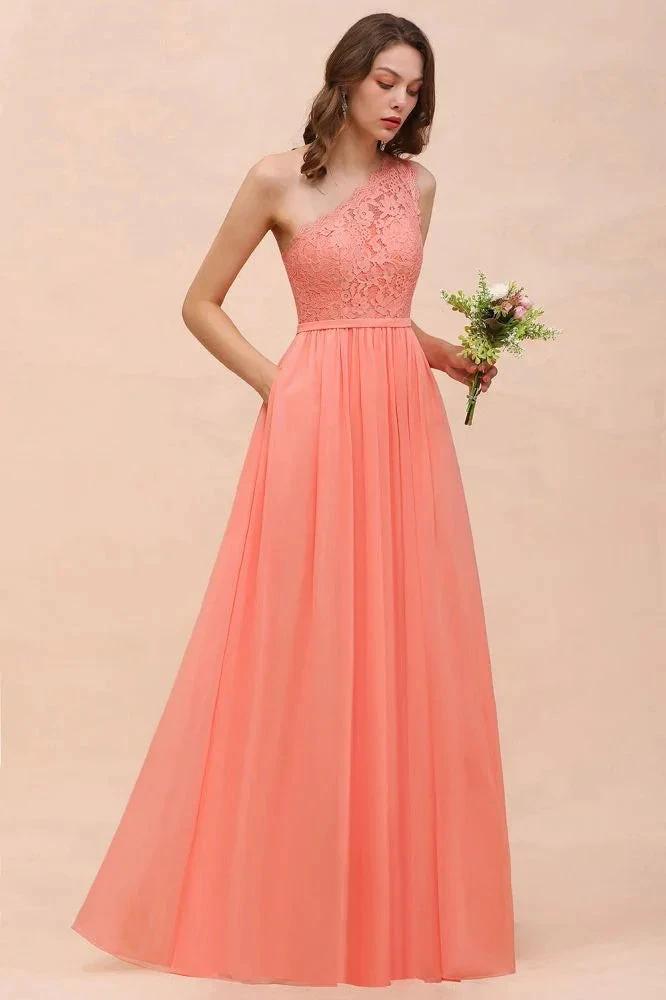One Shoulder Floral Bridesmaid Dress Side Split Formal Wedding Guest Dress with Pocket (ZD12998)