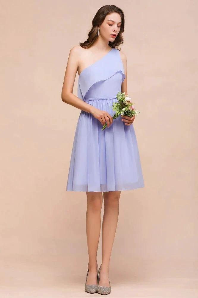 One Shoulder Lavender Mini Bridesmaid Dress Chiffon Knee Length Simple Daily Dress (ZD12987)