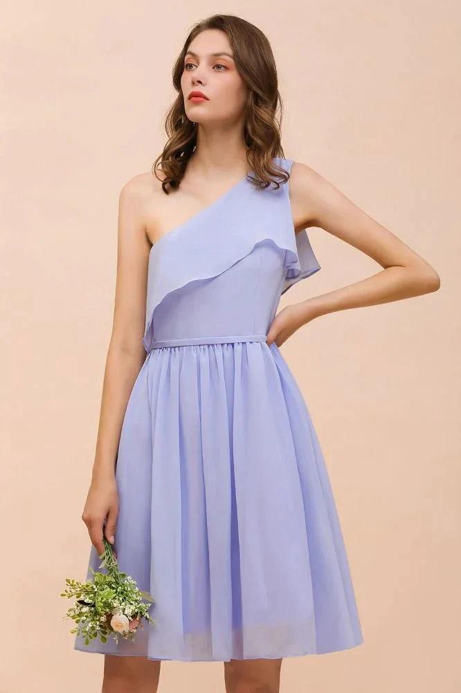 One Shoulder Lavender Mini Bridesmaid Dress Chiffon Knee Length Simple Daily Dress (ZD12987)