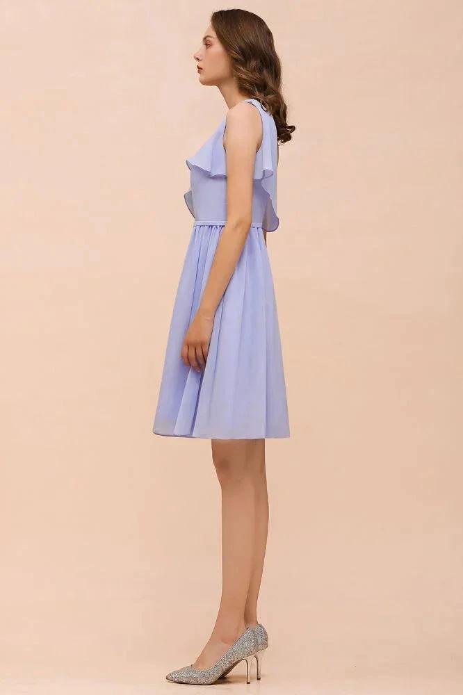 One Shoulder Lavender Mini Bridesmaid Dress Chiffon Knee Length Simple Daily Dress (ZD12987)