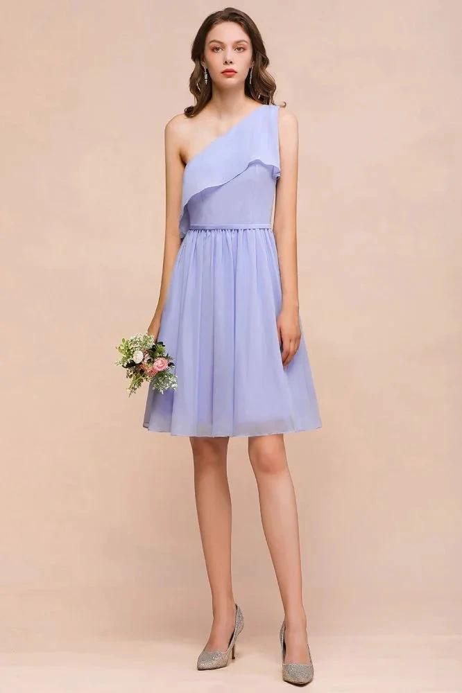 One Shoulder Lavender Mini Bridesmaid Dress Chiffon Knee Length Simple Daily Dress by misshow.com