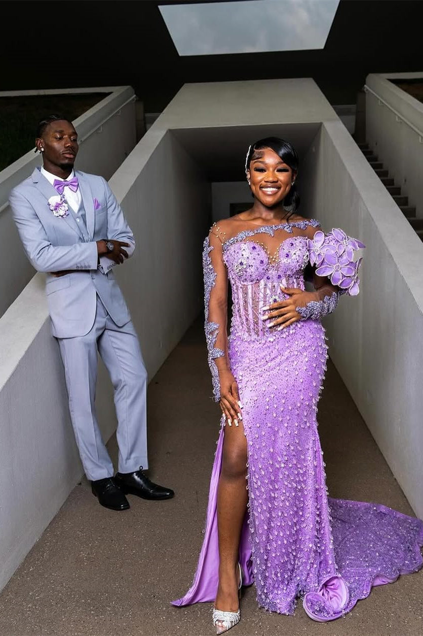 One shoulder Long sleeves Lilac High Split Sequin Flowers Prom Dresses
