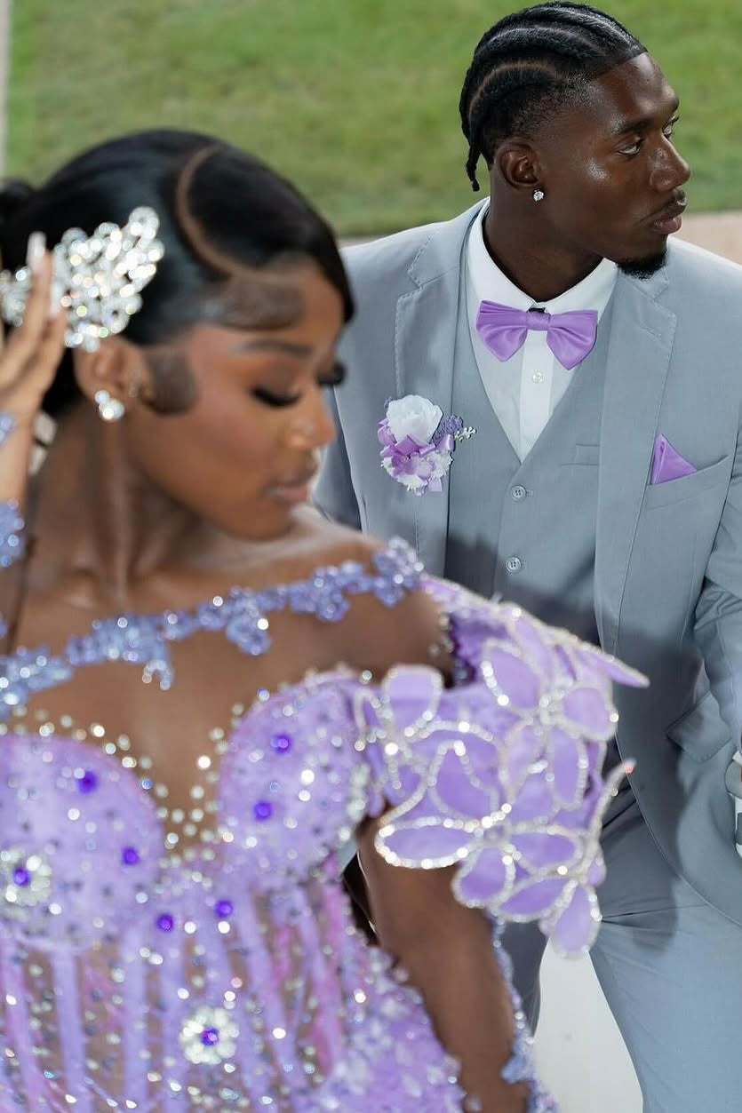 One shoulder Long sleeves Lilac High Split Sequin Flowers Prom Dresses