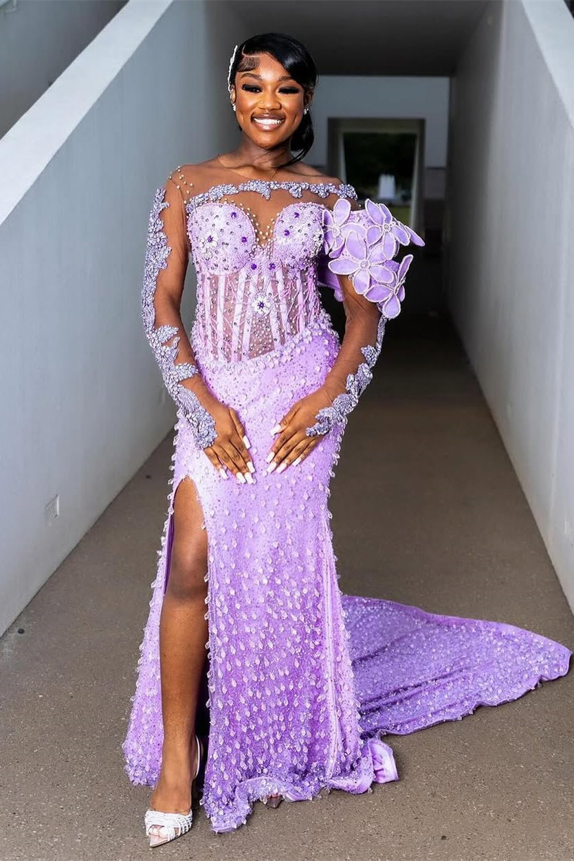 One shoulder Long sleeves Lilac High Split Sequin Flowers Prom Dresses