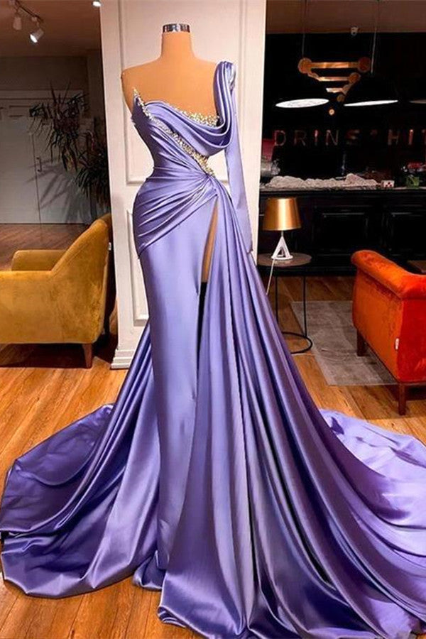 One-Shoulder Long Sleeves Prom Dress Slit Mermaid Party Gowns Overskirt