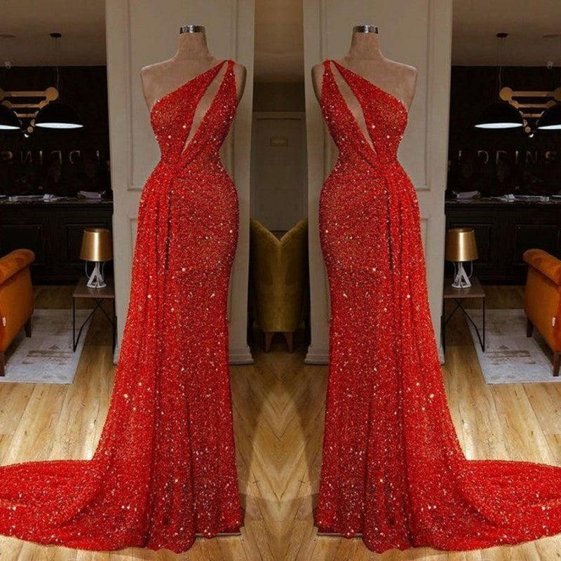 One Shoulder Red Prom Dress Sequins Long On Sale