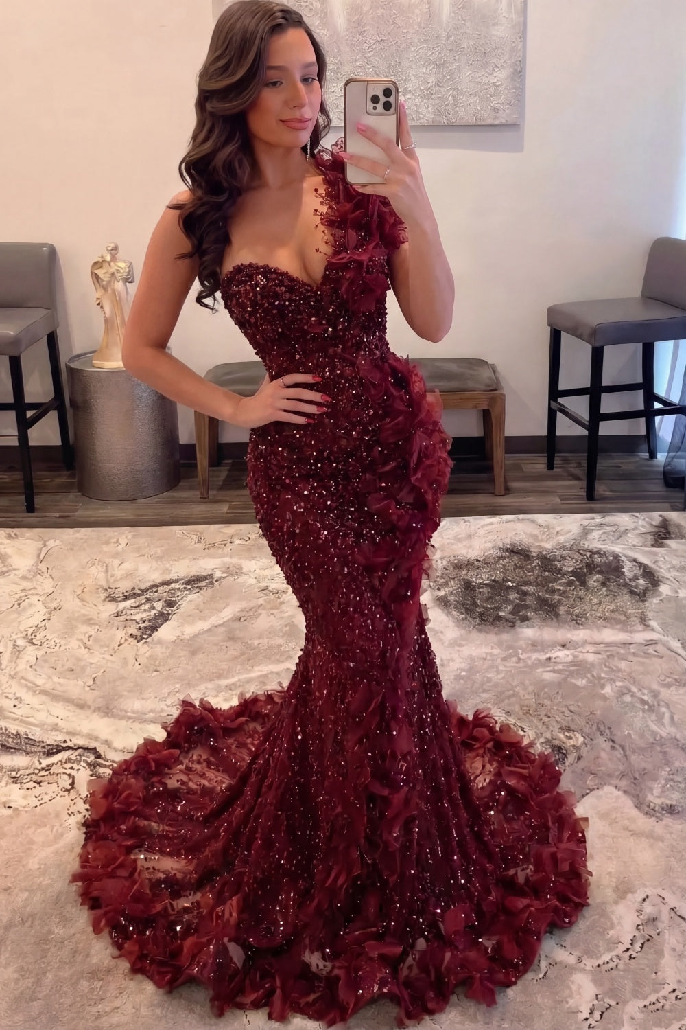 The Bordeaux Bloom - 2026 One-Shoulder Sequin Mermaid Gown: 3D Floral Appliqués & Crushed Garnet Beadwork (ZD17395)