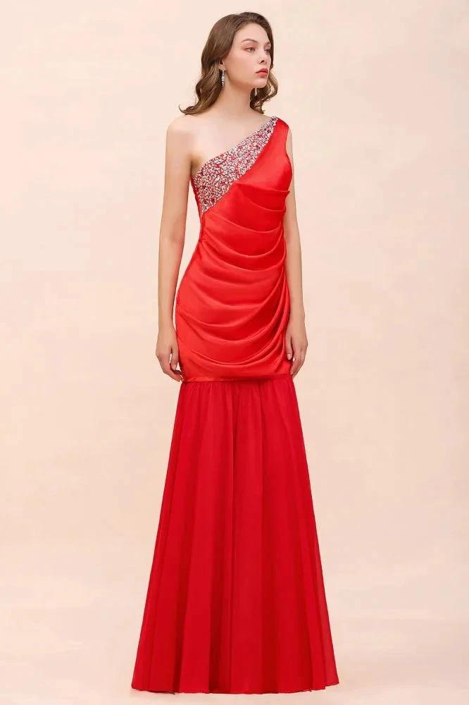 One Shoulder Strech Satin Red Ruffle Bridesmaid Dress Floor Length/Mini Party Dress (ZD12986)