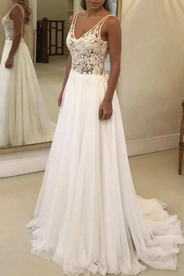 Open Back V-neck Lace Chiffon Wedding Dress (ZD14766)