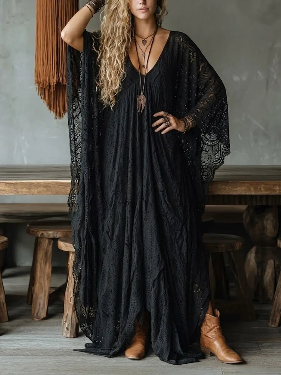 Black Lace V-neck Oversized Bohemian Maxi Dress