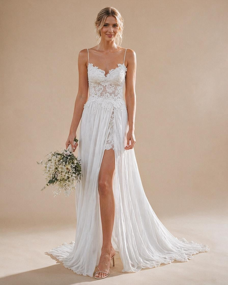 Spaghetti Straps Lace Beach Wedding Dress with Front Split | ZapDress