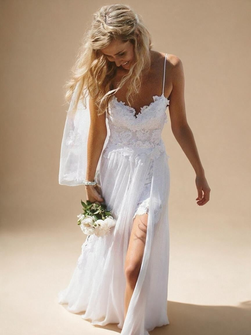 Spaghetti Straps Lace Beach Wedding Dress with Front Split | ZapDress - VelvetHem
