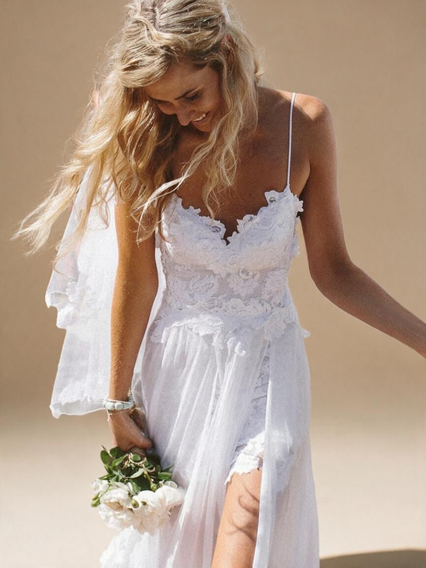 Spaghetti Straps Lace Beach Wedding Dress with Front Split | ZapDress