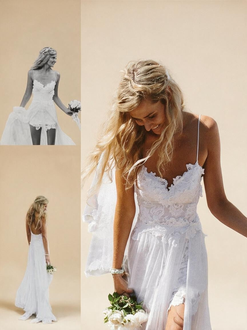 Spaghetti Straps Lace Beach Wedding Dress with Front Split | ZapDress