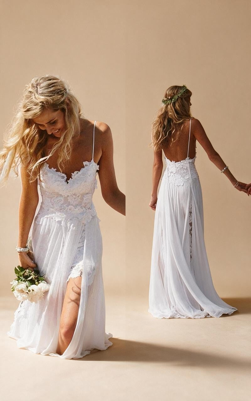 Spaghetti Straps Lace Beach Wedding Dress with Front Split | ZapDress