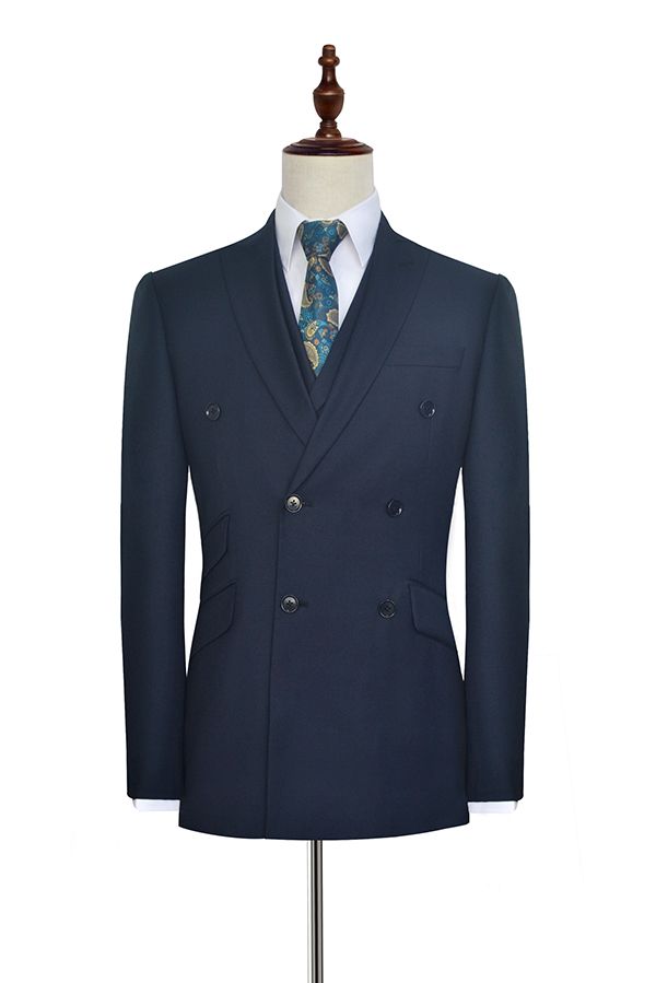 Peak Lapel Double Breasted Business Mens Suits for Formal Three Piece Dark Navy Suits for Men